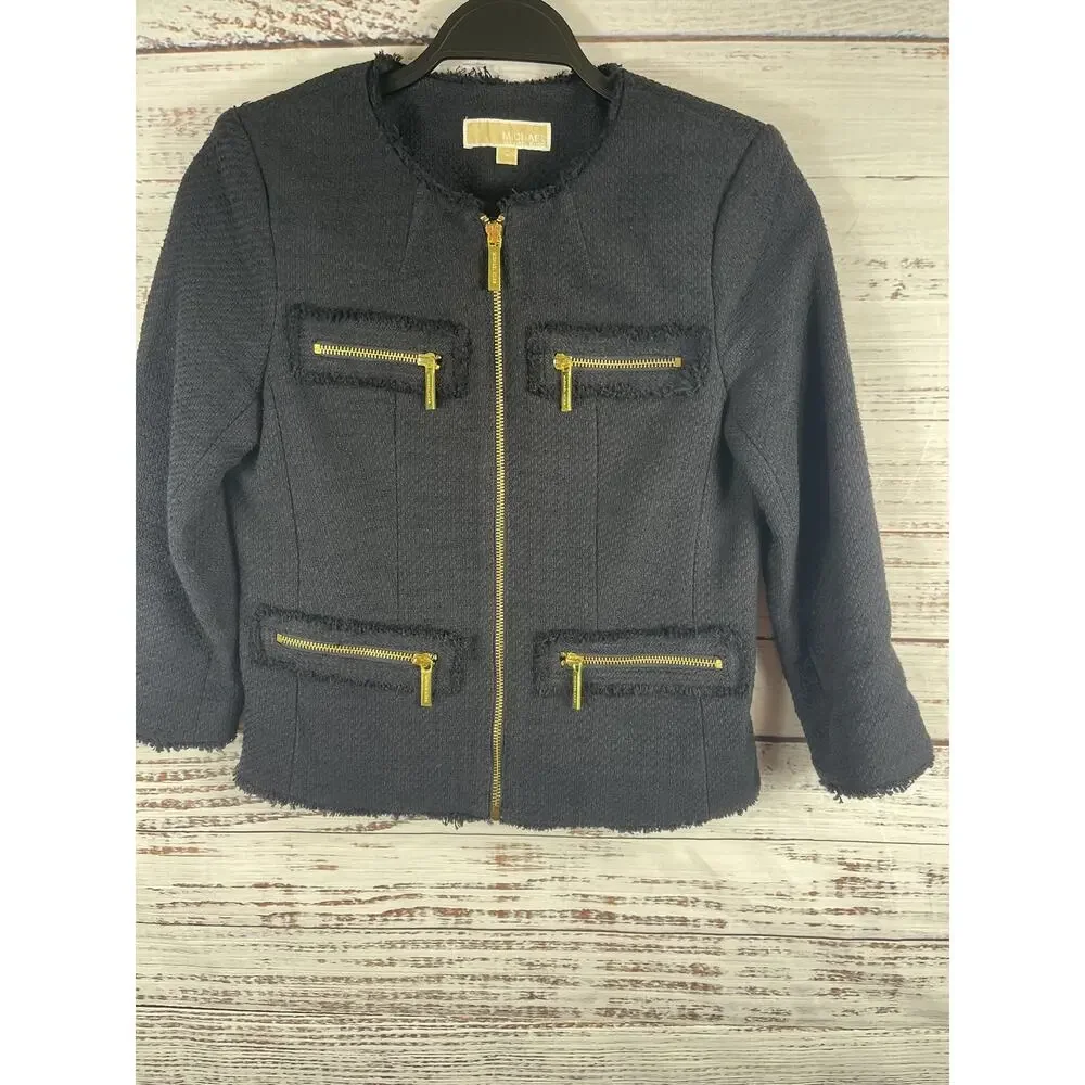 Michael Michael Kors Jacket Women's Size 4 Black Zip Front Tweed Gold Zippers
